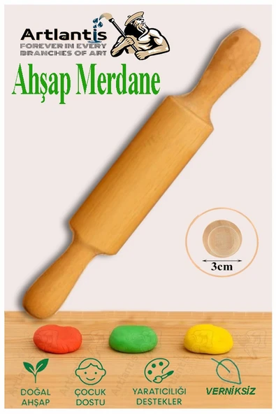 Ahşap Merdane 17 cm 1 Adet Okul Öncesi Oyun Hamuru Şekillendirici ve Gıda İçin Uygun Naturel Merdane Seti ürün görseli 1
