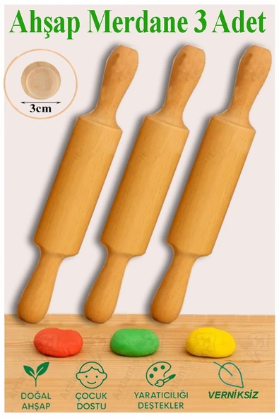 Ahşap Merdane 17 cm 3 Adet Okul Öncesi Oyun Hamuru Şekillendirici ve Gıda İçin Uygun Naturel Merdane Seti ürün görseli 1