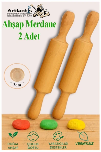 Ahşap Merdane 17 cm 2 Adet Okul Öncesi Oyun Hamuru Şekillendirici ve Gıda İçin Uygun Naturel Merdane Seti ürün görseli 1