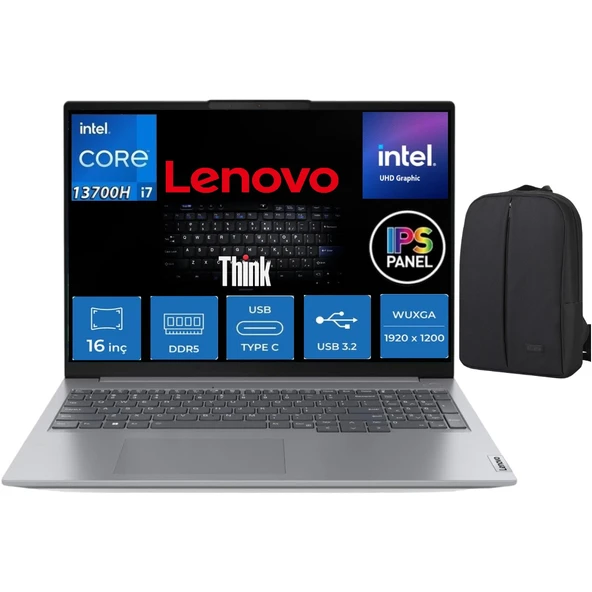 Thinkbook 16 Intel Core I7-13700H 24GB Ddd5 1tb SSD WINDOWS11 Pro 16" IPS (1920X1200) Wuxga 300NIT Taşınabilir Bilgisayar & Cimete Çanta ürün görseli 1