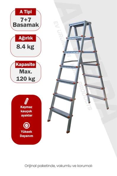 Asvera 7+7 Çift Çıkışlı A Tipi Katlanabilir Profil Merdiven - Çift Taraflı Galvanizli Merdiven ürün görseli 1