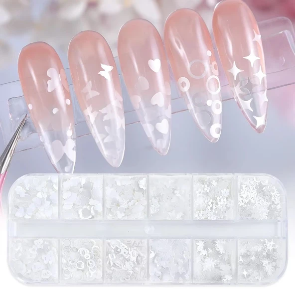 Parlak Beyaz Tırnak Süsleme Folyo Pulları Karışık Dizayn Kelebek Kalp Harfler Yıldızlar Nail Art ürün görseli 1