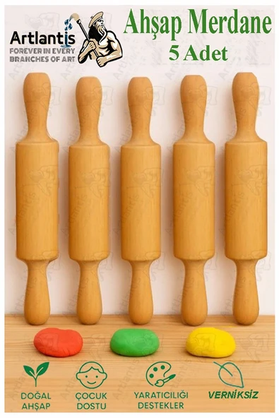 Ahşap Merdane 17 cm 5 Adet Okul Öncesi Oyun Hamuru Şekillendirici ve Gıda İçin Uygun Naturel Merdane Seti ürün görseli 1