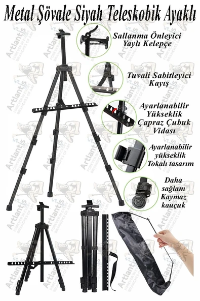 Metal Şövale 1 Adet Siyah Teleskopik Ayaklı Çantalı Resim Şövale Portatif Ayarlanabilir Tripod Üç Ayaklı Alümünyum ürün görseli 1