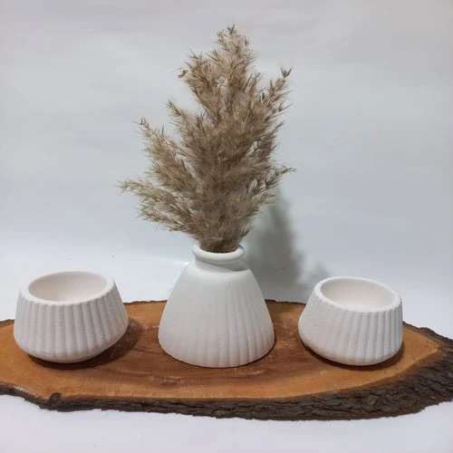 PAMPAS VAZOLU TABAKLI İKİLİ TEALİGHT MUMLUK SET BEYAZ DEKOR ürün görseli 1