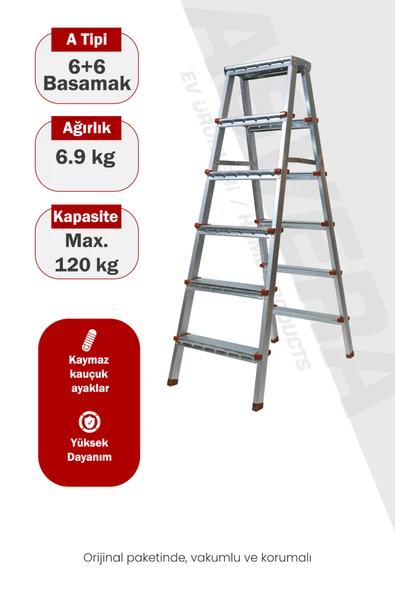 Asvera 6+6 Çift Çıkışlı A Tipi Katlanabilir Profil Merdiven - Çift Taraflı Galvanizli Merdiven ürün görseli 1