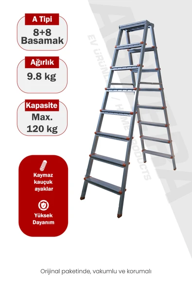 Asvera 8+8 Çift Çıkışlı A Tipi Katlanabilir Profil Merdiven - Çift Taraflı Galvanizli Merdiven ürün görseli 1