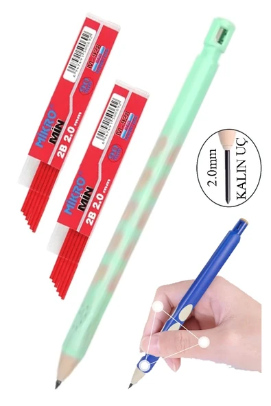 Kalın Uçlu Versatil Kalem 2.0 mm Açık Yeşil 1 Adet ve 2.0 Mm Kalın Uç Kırmızı 2 Adet Kalın Uçlu Mekanik Kalem ürün görseli 1