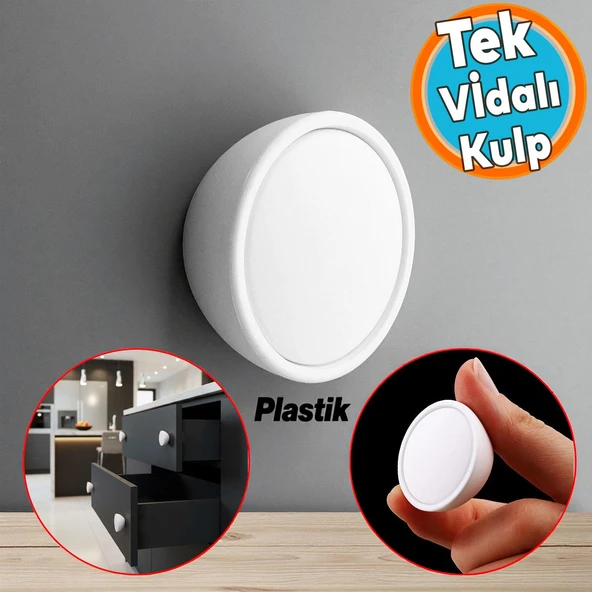 Beyaz Renk Tek Vidalı Polimer Düğme Kulp Bombeli Dolap Mobilya Dolap Çekmece Kulpu Kulbu ürün görseli 1