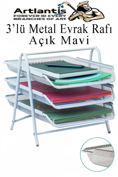 Evrak Rafı Metal 3 lü Mavi 1 Paket Masaüstü A4 Dosya Düzenleyici Kağıt Tepsisi Metal Çelik Fileli Dört Katlı Hareketli ürün görseli 1