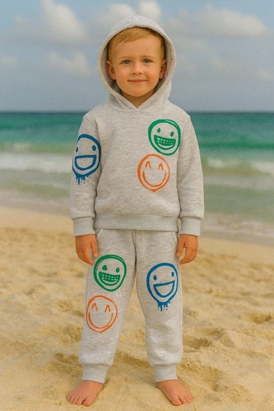 Cg Kids Smiley Renkli Gülenyüz Erkek Çocuk 3 İplik Şardonlu, Kapşonlu Alt Üst Takım Süper Kalite Kumaş ürün görseli 1