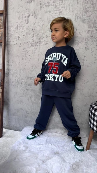 Cg Kids Tokyo baskılı lacviert 3 iplik Erkek çocuk Alt Üst Takım Süper Kalite Kumaş ürün görseli 1