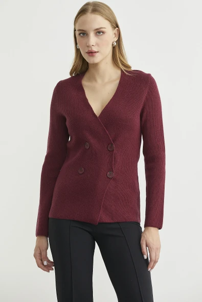 Maskülen Kruvaze Triko Ceket - Bordo - Resim 3