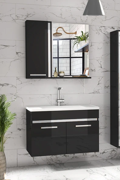 Alfa Banyo Gold Siyah Gri 80 cm Mdf-Lavabolu Banyo Dolabı Seti ürün görseli 1