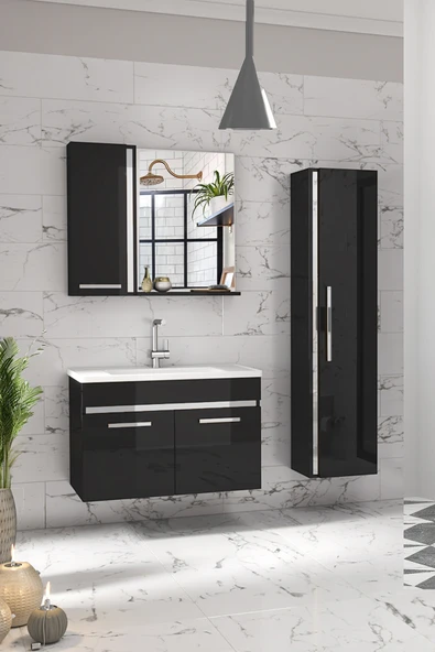 Alfa Banyo Gold Siyah Gri (80+35) 115 cm Mdf-Boy Dolaplı Lavabolu Banyo Dolabı Seti ürün görseli 1