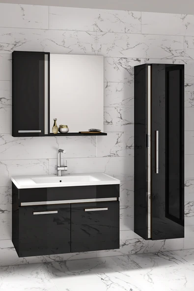 Alfa Banyo Gold Siyah Gri (65+35) 100 cm Mdf-Boy Dolaplı Lavabolu Banyo Dolabı Seti-Hazır Kurulu- ürün görseli 1