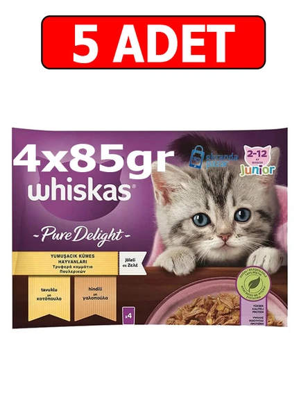 Whiskas junior kitten pure delight pouch kedi yaş mama(4x85gr)5adet kümes hayvanlı tavuk hindi jöle ürün görseli 1