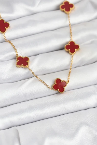 316L Çelik Gold Renk Zincir Bordo Yonca Kadın Kolye TJ-BKO10565 ürün görseli 1