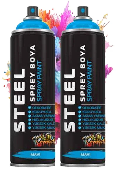 Mavi Sprey Boya 200 ml 2 Adet Hızlı Kuruyan Profesyonel Ahşap Plastik Demir Metal Cam Porselen Duvar Renkli ürün görseli 1