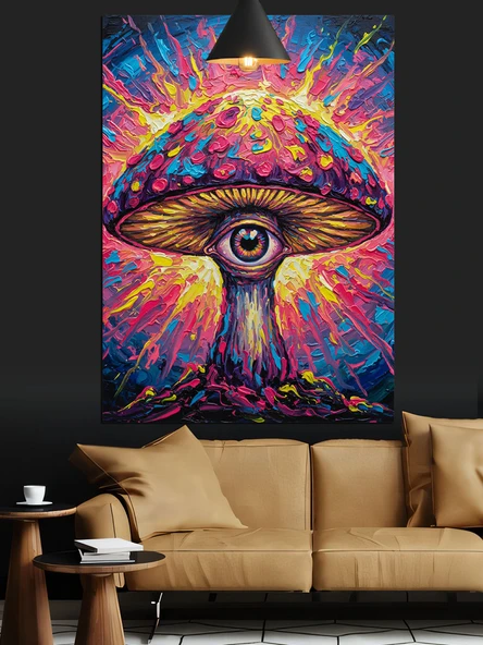 Mantar Şeklinde Parlak Renkli Psychedelic Göz Dekoratif Kanvas - Mdf Ahşap Tablo ürün görseli 1