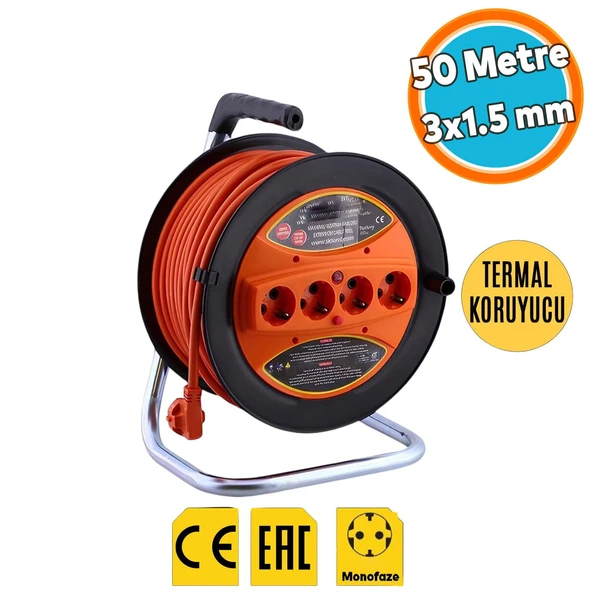 Makaralı Uzatma Kablosu CCA 3x1.5 mm 50 Metre Plastik Seyyar 4 Prizli Monofaze Termal Sigortalı ürün görseli 1