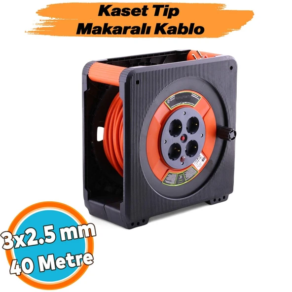 Seyyar Makaralı CCA Uzatma Kablosu 40 Metre 3x2.5 mm 4 Prizli Termal Sigortalı Plastik Kaset Tipi ürün görseli 1