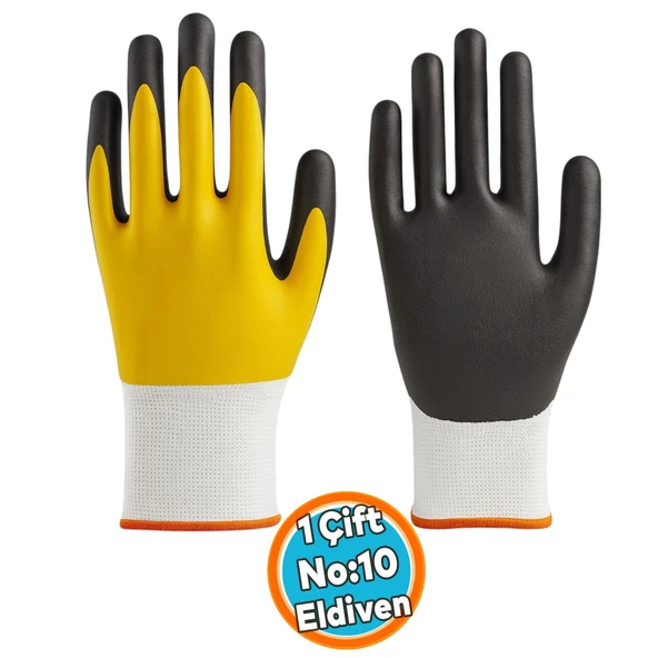 İş Güvenlik İnşaat Eldiveni Çift Nitril (Sarı-Siyah) No: 10 L Beden Polyester Double Nitril ürün görseli 1