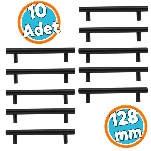 Mobilya Mutfak Dolap Kapak Çekmece Kulpu Kulbu 128 mm Mat Siyah Metal Kulp (10 Adet) ürün görseli 1