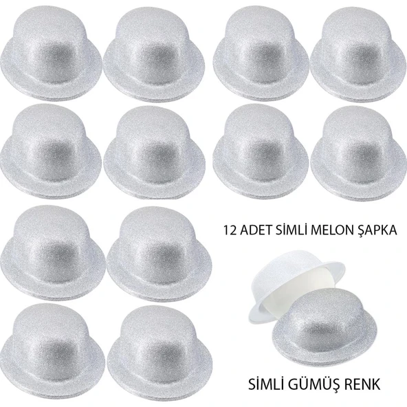 Gümüş Renk Simli Melon Yuvarlak Parti Şapkası 12 Adet ürün görseli 1