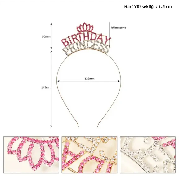 Kristal Taşlı Pembe Birthday Princess Yazılı Parti Tacı 19x11 cm ürün görseli 1