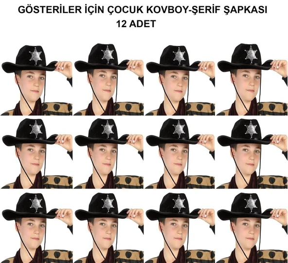 Kovboy Şerif Şapkası Siyah 12 Adet - Kostüm, Parti ve Gösteri Şapkası ürün görseli 1
