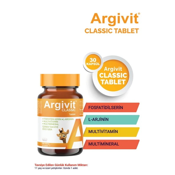 Argivit Classic Fosfotidilserin, L-Arjinin, Multivitamin ve Multimineral İçeren Tablet 30 Tablet ürün görseli 1