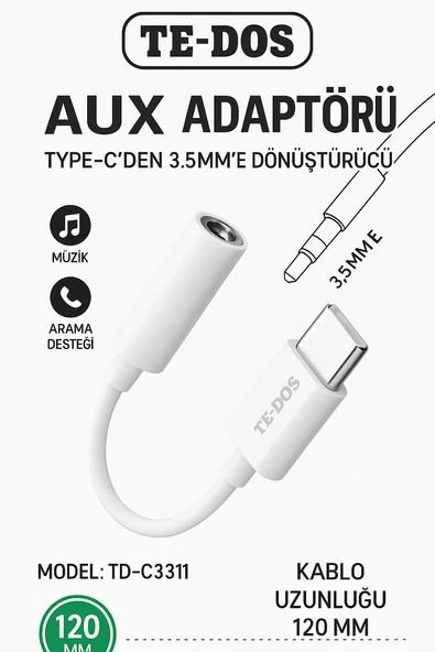 TD-C3311 Type-C’den 3.5mm’e AUX Ses Adaptörü Yüksek Ses Kalitesi Müzik Arama Desteği Dayanıklı Kablo ürün görseli 1