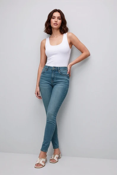 Kadın Yüksek Bel Mavi Skinny Jean Pantolon ürün görseli 1