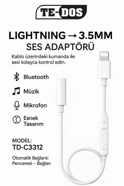 iPhone iPad 8 Pin Lightning Aux Çevirici - 3.5 mm Kablodan Kontrollü Jack Kulaklık Adaptörü ürün görseli 1