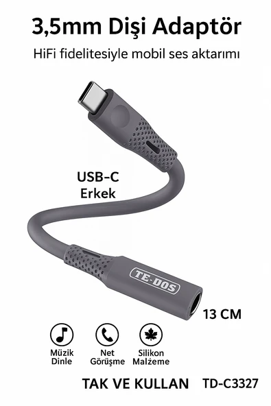 TD-C3327 Type-C-3.5mm Kulaklık Dönüştürücü HiFi Ses Aktarımı DAC Çipli Tak ve Kullan 13cm ürün görseli 1