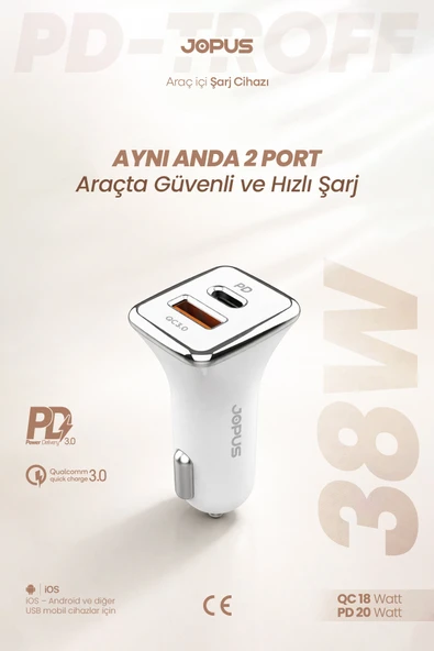 Jopus USB ve Type-C Girişli 3.0 20W USB / 3.0 18W PD QC Araç Şarjı Universal JO-A7 Troff ürün görseli 1