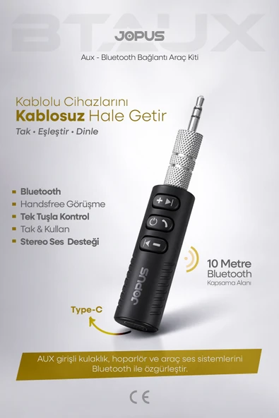 Jopus Bluetoothlu Müzik Dinleme Telefon Görüşmesi Araç Aux Kiti JO-BTAUX01 ürün görseli 1