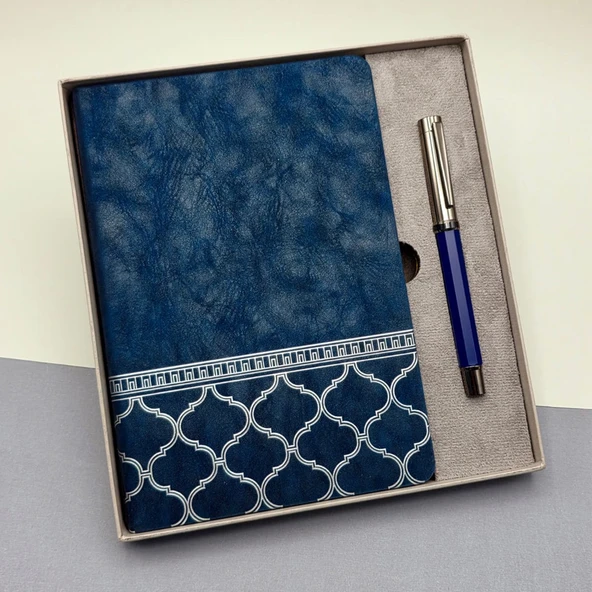 Kutulu Desenli Deri Defter Ve Metal Roller Kalem Set ürün görseli 1