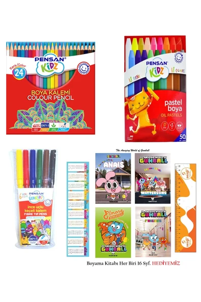 Kuru Boya 24'Lü-Keçeli Kalem 6'Lı ve Pastel Boya 18'Li Kırtasiye Seti+ 4 Adet Gumball Boyama ürün görseli 1