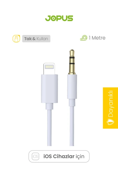 Jopus iPhone Uyumlu Lightning to 3.5mm Aux Kablosu Tak Çalıştır Beyaz 1 Metre - Resim 2