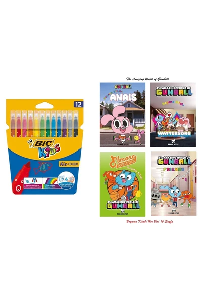 Kid Couleur Keçeli Boya Kalemi 12`li Kutu ve  Gumball Boyama Kitabı 4 Adet 16 Syf Hediyemiz...! ürün görseli 1