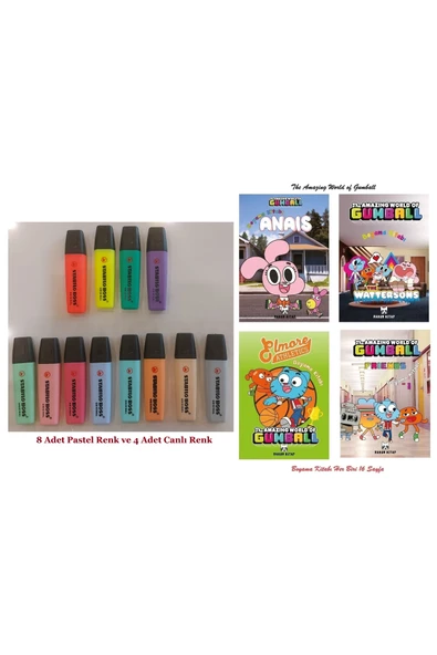 Original Fosforlu Kalem 8 Pastel ve 4 Neon Renk Set İle Gumball Boyama Kitabı 4 Adet 16 Syf Hdy ürün görseli 1