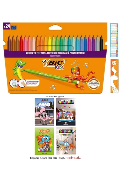 Kıds Colour Keçeli Boya Kalemi Kutu 24 lü ve The Gumball Lisanslı Boyama Kitabı 4 Adet 16 Syf'lık ürün görseli 1