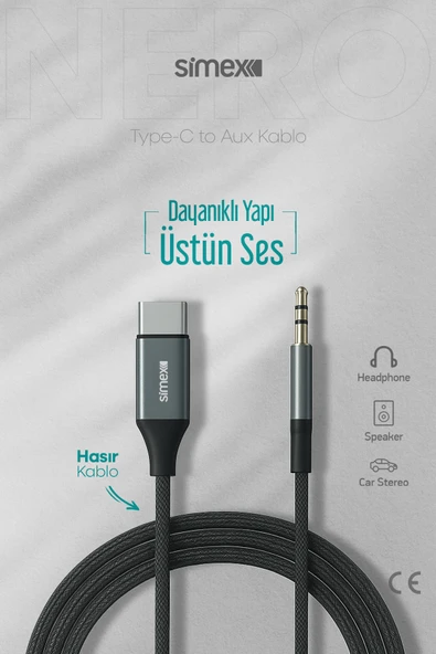 Simex Type C DAC 3.5mm Kumaş Aux Ses Kablosu Stereo Destekli 1.1m Nero ürün görseli 1