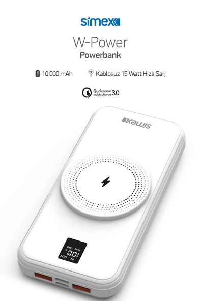 Simex Powerbank 10000mAh Dahili Kablolu 22,5W 15W Magnetic Wireless S-33 W-Power Beyaz ürün görseli 1