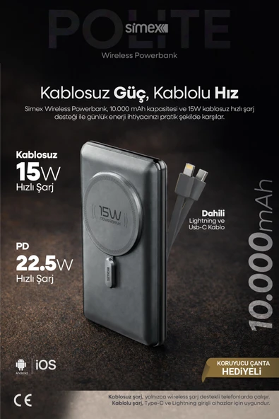 Hızlı Şarj Temassız MagSafe PowerBank 22,5W 10000mAh Dahili Kablolu Simex S-38 Polite ürün görseli 1