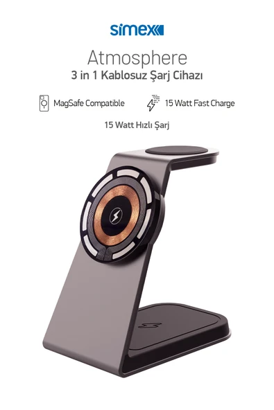 15W 3in1 Hızlı Manyetik Masaüstü Metal Magsafe Kablosuz Şarj Standı ve Telefon Tutucu Simex Atmosphere ürün görseli 1