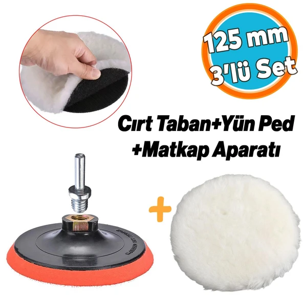Koyun Postu Pedi Ø 125 mm + Cırt Taban + M14 Pasta Cila Polisaj Kuzu Postu Yünü Keçesi ( 3'lü Set) ürün görseli 1