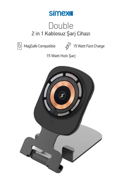 15W Hızlı Manyetik Masaüstü Metal Magsafe Kablosuz Şarj Standı ve Telefon Tutucu Simex Double ürün görseli 1